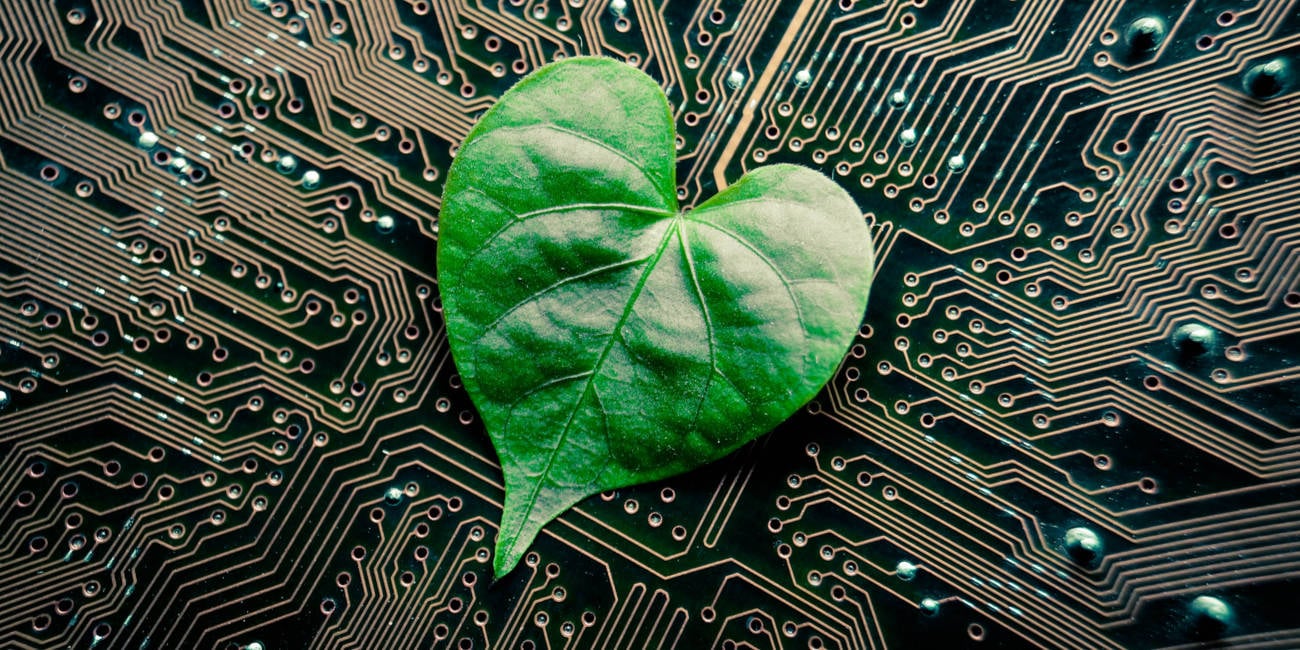 Microchip with leaf symbolizing sustainability